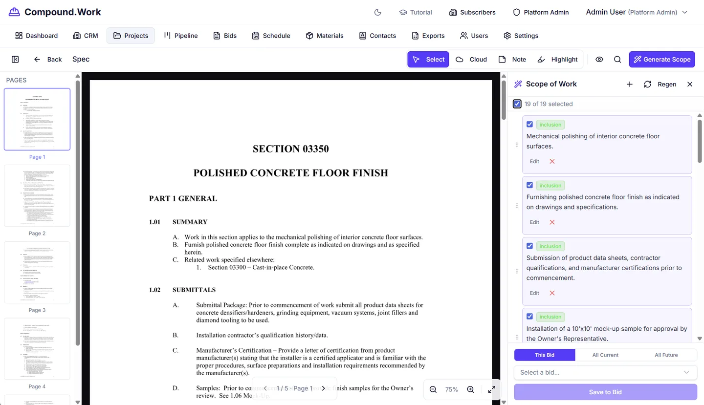 Specification review panel showing AI-extracted scope of work items