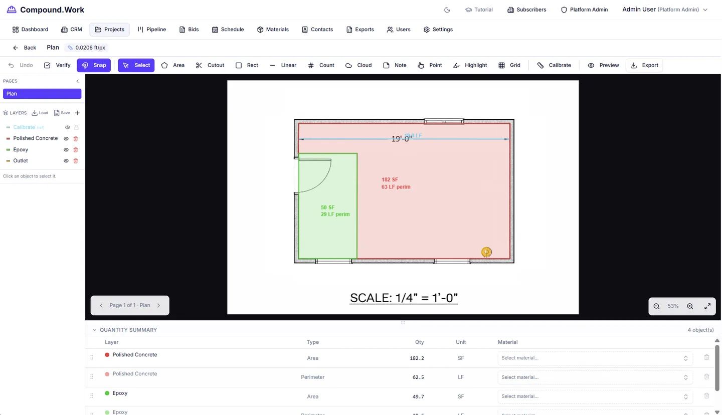 Plan takeoff tool showing area and perimeter measurements on a floor plan